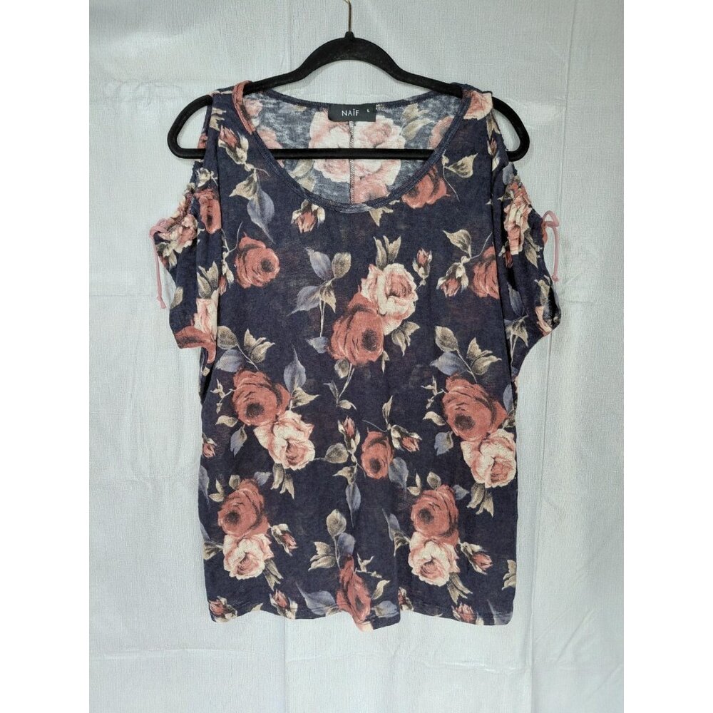 Naif Cold Shoulder Blouse‎ Cinch Tie Large Romantic Whimsigoth Dark Floral